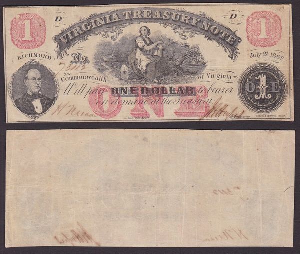 SOUTHERN STATES CURRENCY. VIRGINIA CIVIL WAR ISSUES - VIRGINIA TREASURY NOTE 1862. Lotto di 2 esemplari.  - Asta Numismatica Light - Associazione Nazionale - Case d'Asta italiane