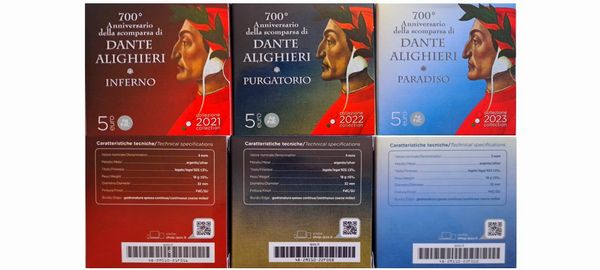 Italia 2021 - 2023  3 monete da 5 Euro in argento. Serie 700 ANNIVERSARIO DELLA SCOMPARSA DI DANTE ALIGHIERI.  - Asta Numismatica Light - Associazione Nazionale - Case d'Asta italiane
