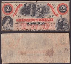 OBSOLETE PAPER MONEY. GEORGIA AUGUSTA - BANK OF AUGUSTA 1810-1866 - INSURANCE AND BANKING COMPANY.  Lotto di 2 esemplari.  - Asta Numismatica Light - Associazione Nazionale - Case d'Asta italiane