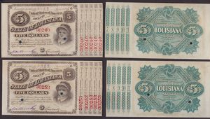 SOUTHERN STATES CURRENCY. LOUISIANA POST CIVIL WAR ISSUES - STATE OF LOUISIANA 1886.  Lotto di 4 esemplari.  - Asta Numismatica Light - Associazione Nazionale - Case d'Asta italiane