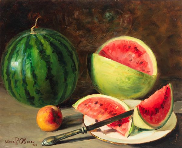 Ettore Olivero Pistoletto : Angurie e pesca  - Asta Opere da una dimora sul lago di Como e da altre collezioni lombarde - Associazione Nazionale - Case d'Asta italiane