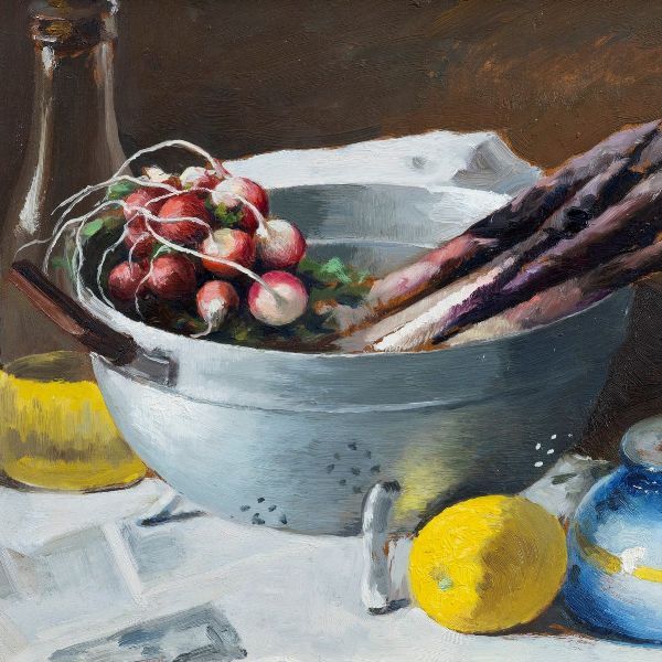 Antonio Moretti : Natura morta con asparagi e ravanelli  - Asta Opere da una dimora sul lago di Como e da altre collezioni lombarde - Associazione Nazionale - Case d'Asta italiane