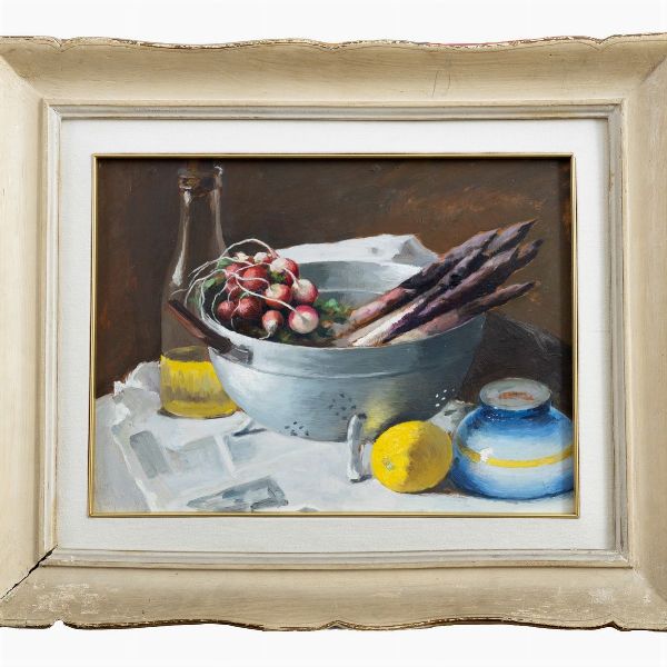 Antonio Moretti : Natura morta con asparagi e ravanelli  - Asta Opere da una dimora sul lago di Como e da altre collezioni lombarde - Associazione Nazionale - Case d'Asta italiane