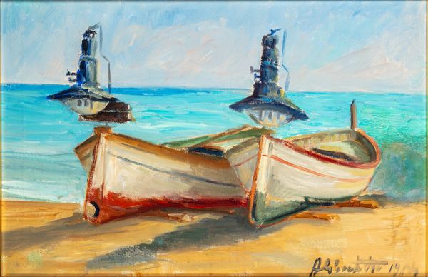 Adelmo Ciocchetti : Liguria, lampare  - Asta Opere da una dimora sul lago di Como e da altre collezioni lombarde - Associazione Nazionale - Case d'Asta italiane