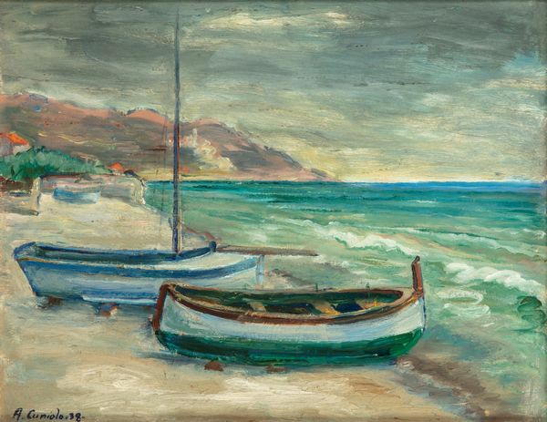 Armando Cuniolo : Liguria, barche sulla spiaggia  - Asta Opere da una dimora sul lago di Como e da altre collezioni lombarde - Associazione Nazionale - Case d'Asta italiane