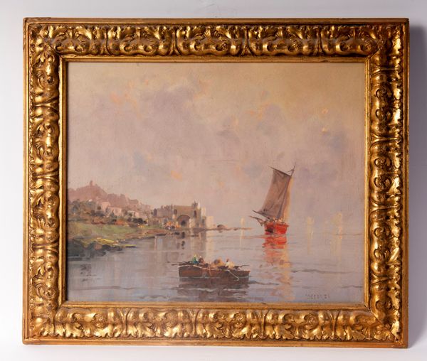 NICOLAS  DE CORSI : Scorcio di marina con barche e personaggi  - Asta Smart Auction: arredi, dipinti, sculture, strumenti musicali, ceramiche e altro a prezzi vantaggiosi - Associazione Nazionale - Case d'Asta italiane