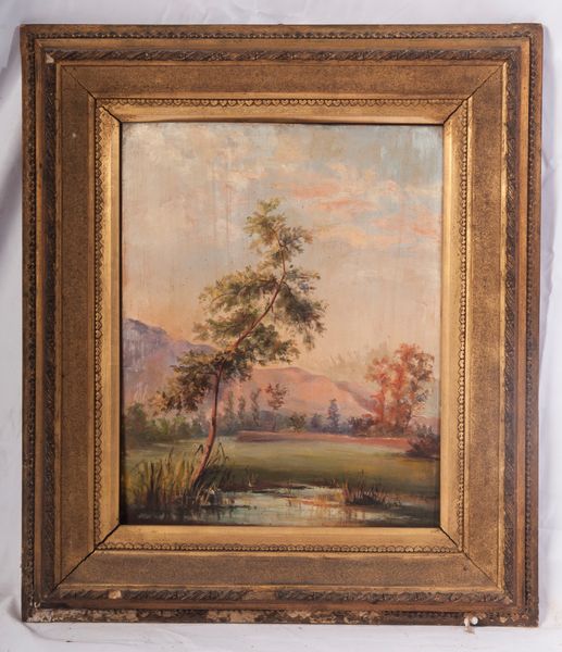 Scorcio di palude con alberi e colline  - Asta Smart Auction: arredi, dipinti, sculture, strumenti musicali, ceramiche e altro a prezzi vantaggiosi - Associazione Nazionale - Case d'Asta italiane