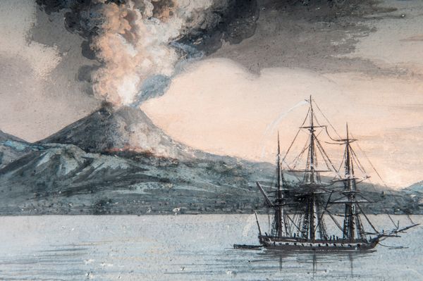 Veduta del Vesuvio in eruzione con barche  - Asta Smart Auction: arredi, dipinti, sculture, strumenti musicali, ceramiche e altro a prezzi vantaggiosi - Associazione Nazionale - Case d'Asta italiane