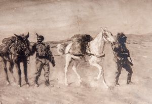 Carlo Adolfo Barone : Colonna di militari in marcia  - Asta Smart Auction: arredi, dipinti, sculture, strumenti musicali, ceramiche e altro a prezzi vantaggiosi - Associazione Nazionale - Case d'Asta italiane