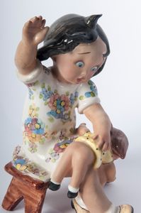 TIZIANO GALLI : Bambina e bambola  - Asta Smart Auction: arredi, dipinti, sculture, strumenti musicali, ceramiche e altro a prezzi vantaggiosi - Associazione Nazionale - Case d'Asta italiane