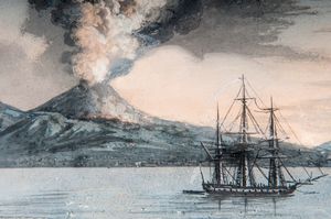 Veduta del Vesuvio in eruzione con barche  - Asta Smart Auction: arredi, dipinti, sculture, strumenti musicali, ceramiche e altro a prezzi vantaggiosi - Associazione Nazionale - Case d'Asta italiane