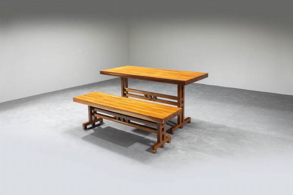 PRODUZIONE ITALIANA : Tavolo con panca in legno listellare con diverse essenze. Anni '60 tavolo cm 76x150x66 panca cm 45x150x42 Difetti  - Asta Design - Associazione Nazionale - Case d'Asta italiane