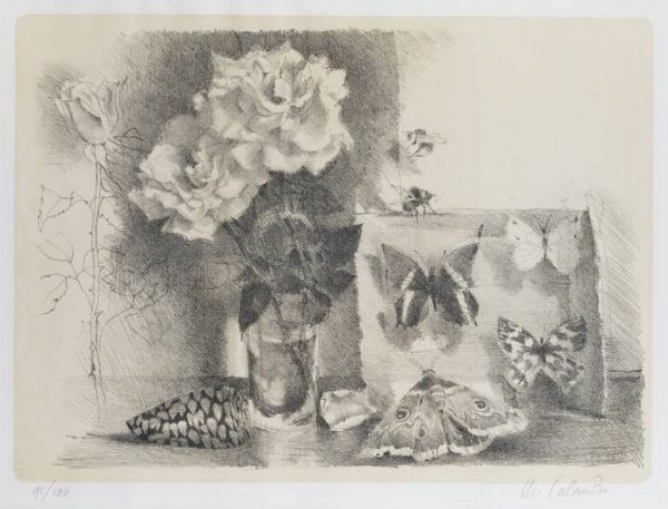 MARIO CALANDRI Torino 1914 - 1993 : Senza titolo (rose  conchiglia e scatola degli insetti) fine anni Cinquanta  - Asta Grafica - Associazione Nazionale - Case d'Asta italiane