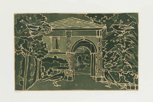 FRANCESCO CASORATI Torino 1934 - 2013 : Paesaggio con architettura e uccelli  - Asta Grafica - Associazione Nazionale - Case d'Asta italiane