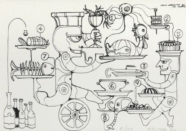 MARIO MOLINARI Coazze (TO) 1930 - 2000 Torino : Menu inseguito da un tappo 1974  - Asta Grafica - Associazione Nazionale - Case d'Asta italiane