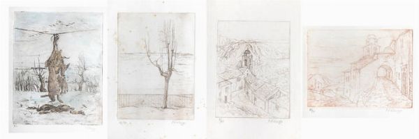 ESO PELUZZI Cairo Montenotte (SV) 1894 - 1985 : a- Veduta di paese  34x23 foglio  16 7x13 litografia  es. 9/20. Firmata in basso a destra e numerata in basso a sinistra (a matita sul foglio) b-Veduta di paese  29x23 foglio  13x17 litografia  es. 11/20. Firmata in basso a destra  numerata in basso a sinistra (a matita sul foglio) c- Albero solitario  32x21 foglio  18x12 5 litografia  es. 47/50. Firmata in basso a destra  numerata in basso a sinistra (a matita sul foglio). Macchie diffuse d-Cacciagione  30x23 litografia  es. 8/10  Firmata in basso a destra  numerata in basso a sinistra (a matita sul foglio)  - Asta Grafica - Associazione Nazionale - Case d'Asta italiane