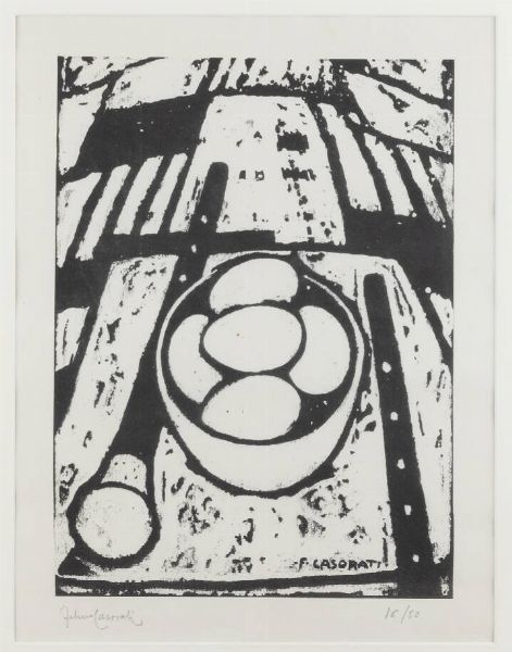 FELICE CASORATI Novara 1883 - 1963 Torino : Uova nella scodella con piffero e flauto 1959  - Asta Grafica - Associazione Nazionale - Case d'Asta italiane