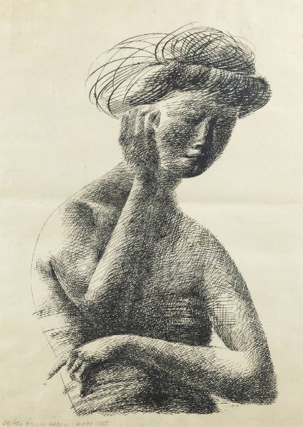 EMILIO GRECO Catania 1913 - 1995 : Figura meditante 1955  - Asta Grafica - Associazione Nazionale - Case d'Asta italiane