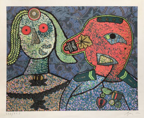 ENRICO BAJ Milano 1924 - 2003 Vergiate (VA) : Il Generale Amin Dada e una delle sue mogli 1973  - Asta Grafica - Associazione Nazionale - Case d'Asta italiane