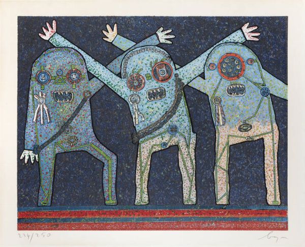 ENRICO BAJ Milano 1924 - 2003 Vergiate (VA) : Riunione delle C.I.A. nel bosco 1973  - Asta Grafica - Associazione Nazionale - Case d'Asta italiane