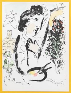 MARC CHAGALL Vitebsk (Russia) 1887 - 1985 Saint-Paul de Vence (Costa Azzurra) - Devant le tableau 1963