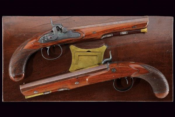 Paio di pistole a luminello di Sutherland in cassetta  - Asta Rare Armi Antiche e Militaria da tutto il mondo - Associazione Nazionale - Case d'Asta italiane