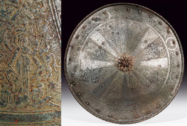 Elegante brocchiere inciso, con emblemi nobiliari  - Asta Rare Armi Antiche e Militaria da tutto il mondo - Associazione Nazionale - Case d'Asta italiane