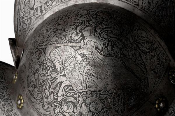 Morione antico con incisione ottocentesca  - Asta Rare Armi Antiche e Militaria da tutto il mondo - Associazione Nazionale - Case d'Asta italiane