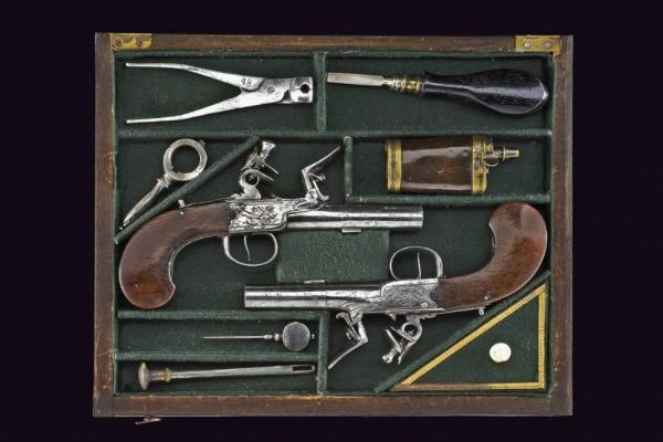 Paio di mazzagatti a pietra focaia in cassetta  - Asta Rare Armi Antiche e Militaria da tutto il mondo - Associazione Nazionale - Case d'Asta italiane