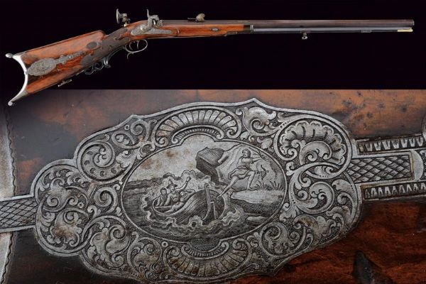 Bellissimo fucile da tiro a luminello di Zoller decorato con scene dalla leggenda di Guglielmo Tell  - Asta Rare Armi Antiche e Militaria da tutto il mondo - Associazione Nazionale - Case d'Asta italiane