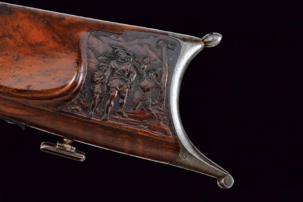 Bellissimo fucile da tiro a luminello di Zoller decorato con scene dalla leggenda di Guglielmo Tell  - Asta Rare Armi Antiche e Militaria da tutto il mondo - Associazione Nazionale - Case d'Asta italiane