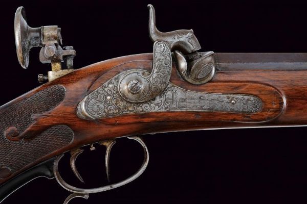 Bellissimo fucile da tiro a luminello di Zoller decorato con scene dalla leggenda di Guglielmo Tell  - Asta Rare Armi Antiche e Militaria da tutto il mondo - Associazione Nazionale - Case d'Asta italiane