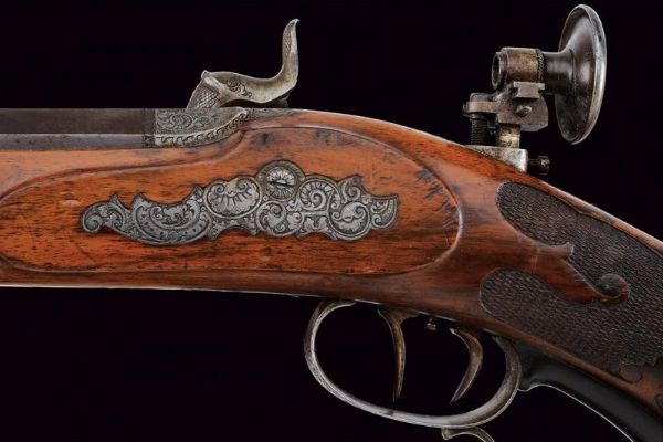 Bellissimo fucile da tiro a luminello di Zoller decorato con scene dalla leggenda di Guglielmo Tell  - Asta Rare Armi Antiche e Militaria da tutto il mondo - Associazione Nazionale - Case d'Asta italiane