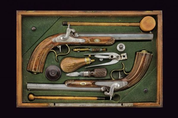 Paio di pistole a luminello da tiro in cassetta  - Asta Rare Armi Antiche e Militaria da tutto il mondo - Associazione Nazionale - Case d'Asta italiane