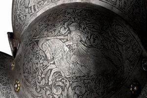Morione antico con incisione ottocentesca  - Asta Rare Armi Antiche e Militaria da tutto il mondo - Associazione Nazionale - Case d'Asta italiane