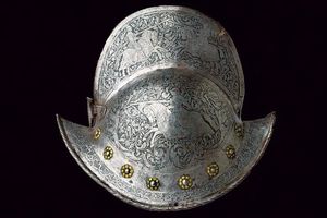 Morione antico con incisione ottocentesca  - Asta Rare Armi Antiche e Militaria da tutto il mondo - Associazione Nazionale - Case d'Asta italiane