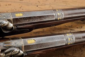 Paio di pistole a luminello da ufficiale firmate De Herraduras, in cassetta  - Asta Rare Armi Antiche e Militaria da tutto il mondo - Associazione Nazionale - Case d'Asta italiane