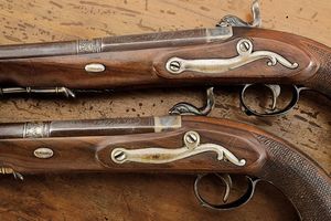 Paio di pistole a luminello da ufficiale firmate De Herraduras, in cassetta  - Asta Rare Armi Antiche e Militaria da tutto il mondo - Associazione Nazionale - Case d'Asta italiane