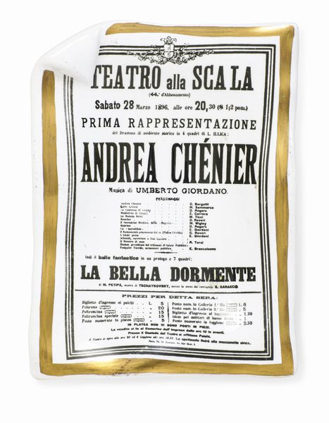 Vassoietto Andrea Chnier.<BR>Milano, Manifattura Fornasetti, 1950 circa.<BR>  - Asta Maioliche e Porcellane - Associazione Nazionale - Case d'Asta italiane