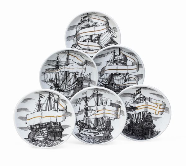 Sei sottobicchieri Velieri.<BR>Milano, Manifattura Fornasetti, 1950 circa.  - Asta Maioliche e Porcellane - Associazione Nazionale - Case d'Asta italiane