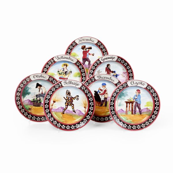 Sette piatti dei mesi.<BR>Vicenza, Manifattura Serbellin, ultimo ventennio del XIX secolo.  - Asta Maioliche e Porcellane - Associazione Nazionale - Case d'Asta italiane