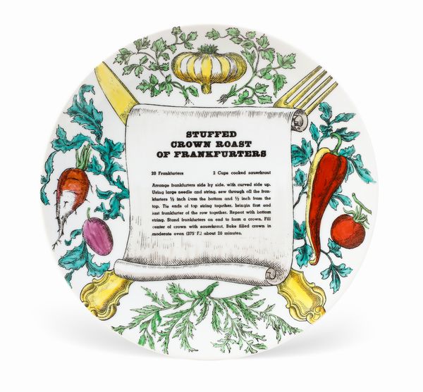 Piatto della serie Ricette.<BR>Milano, Manifattura Fornasetti, 1950 circa.  - Asta Maioliche e Porcellane - Associazione Nazionale - Case d'Asta italiane