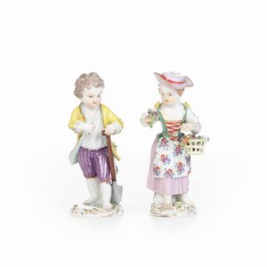 Coppia di figurine giovani giardinieri.<BR>Meissen, 1924-1934.  - Asta Maioliche e Porcellane - Associazione Nazionale - Case d'Asta italiane