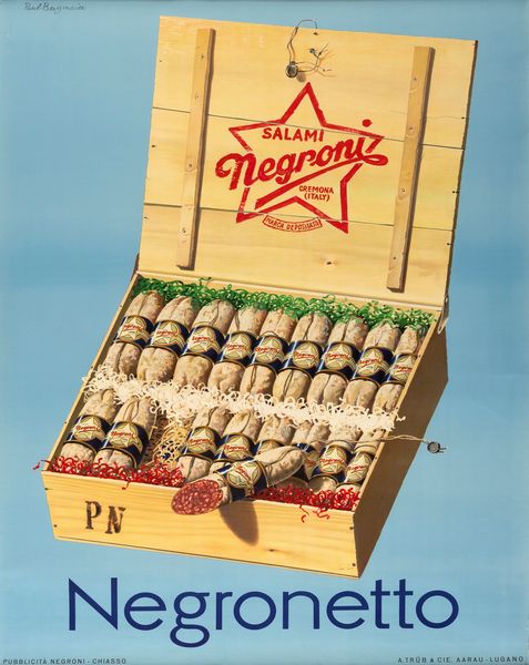 Paul Bergmaier : Negronetto - salami Negroni - Cremona  - Asta Manifesti d'Epoca e Collectible - Associazione Nazionale - Case d'Asta italiane