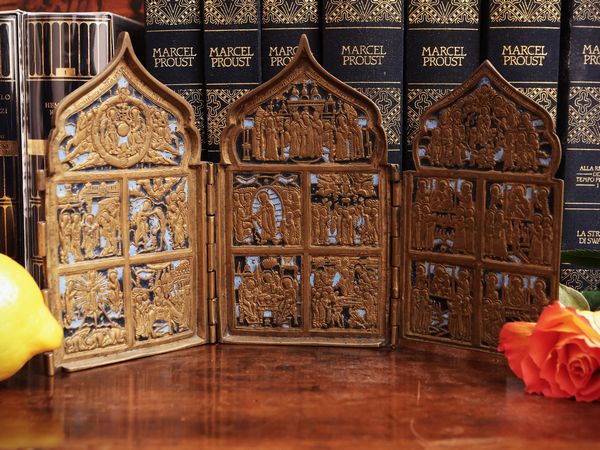 Icona da viaggio in bronzo e smalti  - Asta Dimore fiorentine - Associazione Nazionale - Case d'Asta italiane