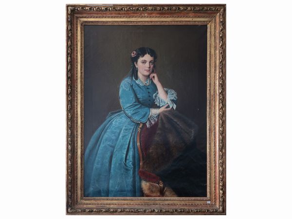 Scuola ungherese : Ritratto di giovane donna in  abito azzurro  - Asta Dimore fiorentine - Associazione Nazionale - Case d'Asta italiane