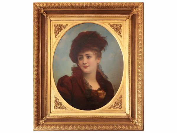 Scuola italiana del XIX/XX secolo : Ritratto femminile in abiti da passeggio  - Asta Dimore fiorentine - Associazione Nazionale - Case d'Asta italiane