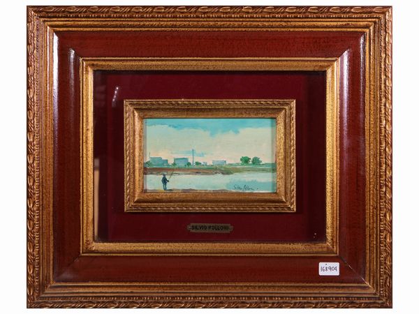 Silvio Polloni : Pescatore sull'Arno  - Asta Dimore fiorentine - Associazione Nazionale - Case d'Asta italiane