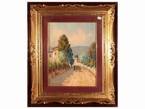 Paesaggio campestre e Veduta di strada di campagna con carro  - Asta Dimore fiorentine - Associazione Nazionale - Case d'Asta italiane
