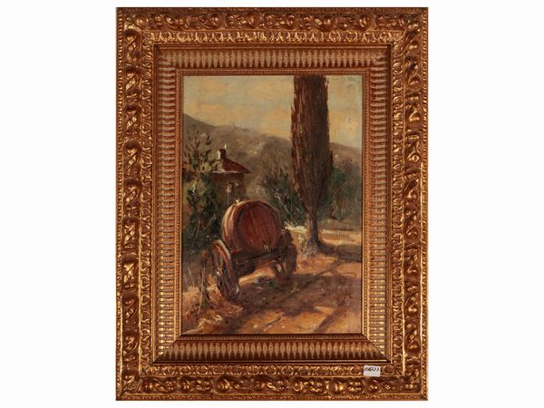 Paesaggio con cipresso e carro con botte  - Asta Dimore fiorentine - Associazione Nazionale - Case d'Asta italiane